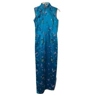 VTG Turquoise Cheongsam Qipao Dress Satin Jacquard Floral Blue Chinese Maxi FLAW